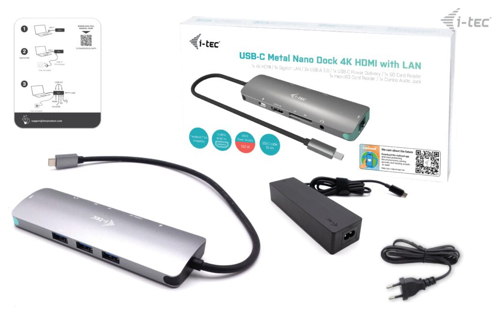 i-tec MetalNanoDock Dockingstation – USB-C, HDMI, 3× USB-A, 100 W PD, GbE, für Windows/Mac/ChromeOS