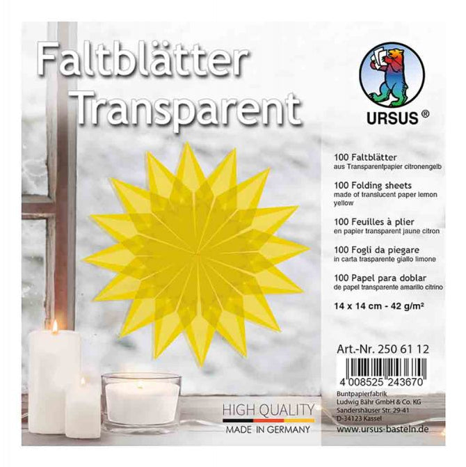 URSUS Origamipapier – 14 × 14 cm, transparent, gelb, 42 g/m² – 100 Blatt