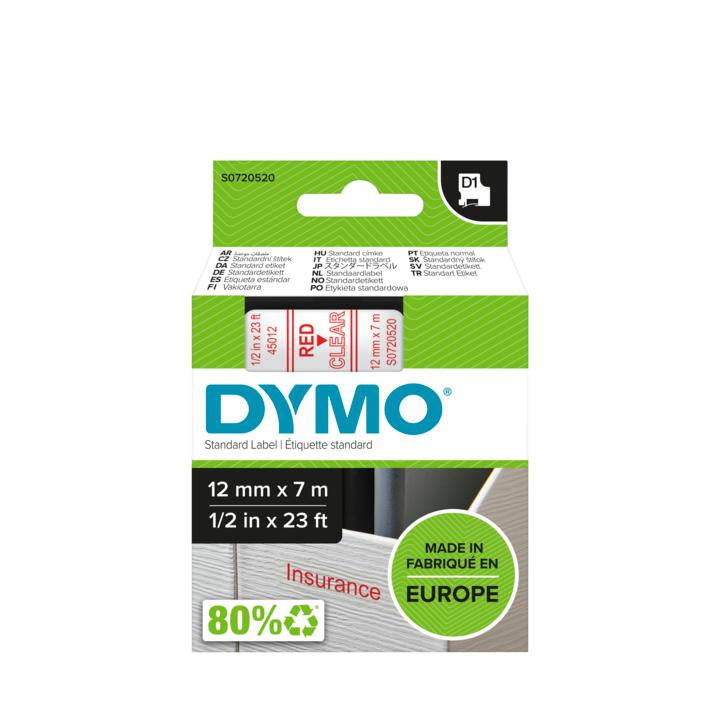 DYMO Schriftband – 12 mm × 7 m, transparent, rot – für LabelPoint 200, 250, 300, u. a. – D1