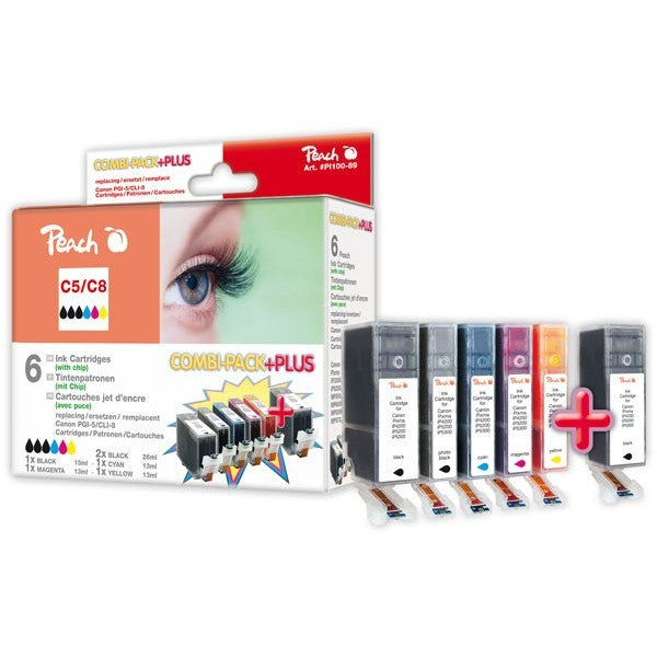 Peach Tintenpatronen-Multipack CLI-8/PGI-5, CMYK, 2er-Pack, kompatibel – für Canon Pixma iP5200, MP600, MP970