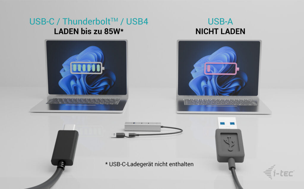 i-tec Universeller Ladender Metall USB-Hub – USB-C/USB-A, 2× USB-A, 2× USB-C, 85 W PD, für Windows/Mac/ChromeOS
