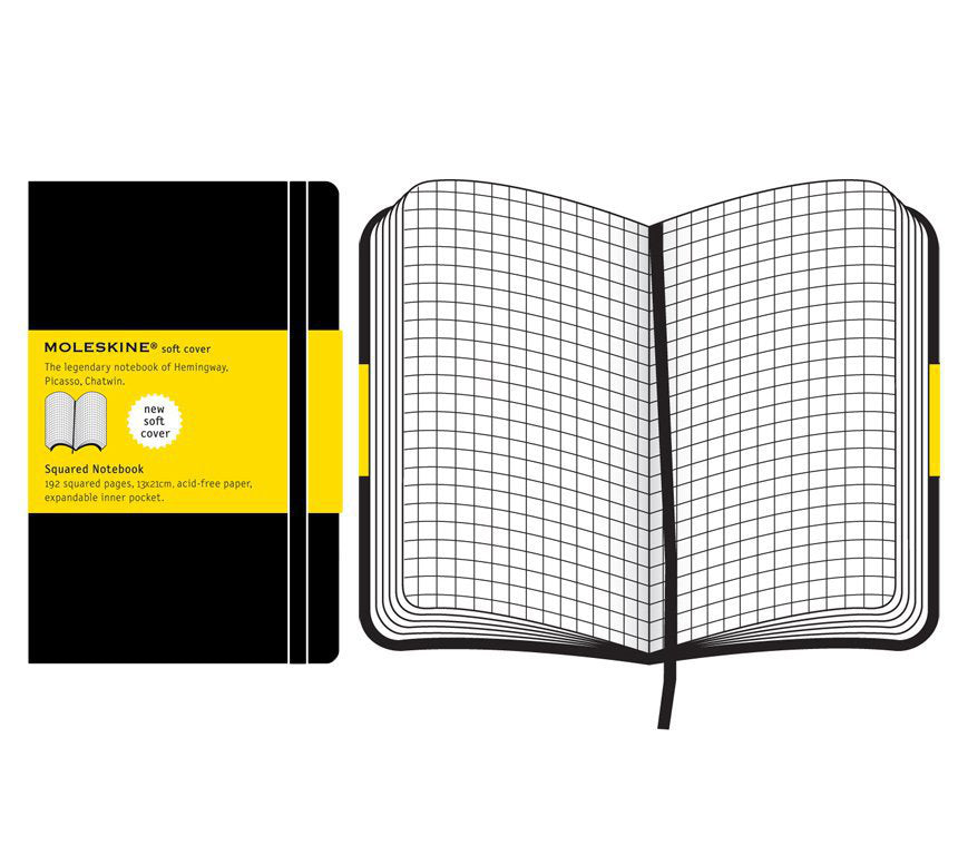 Moleskine Notizbuch, 130 × 210 mm, kariert, Leimbindung, Softcover, 192 Seiten, 70 g/m² – schwarz