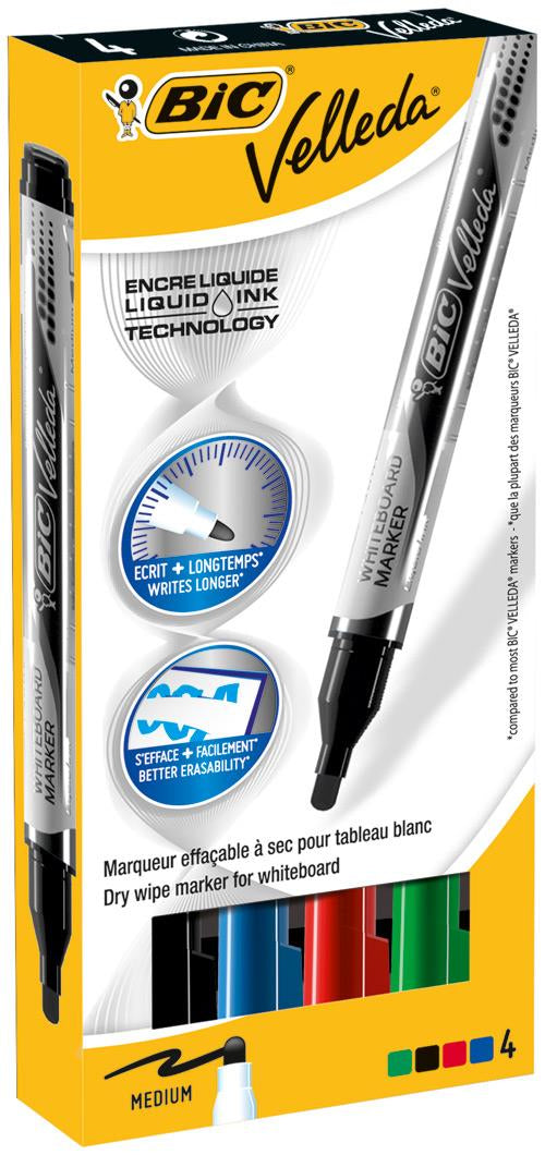 BIC Whiteboard-Marker – Rundspitze, 4 Farben, 4 Stück, trocken abwischbar, geruchsarm – für Whiteboards