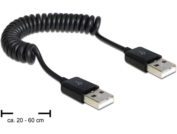 DeLOCK USB-A auf USB-A Kabel – USB 2.0 (480 Mbit/s) – 0,6 m – Spiralkabel – Schwarz