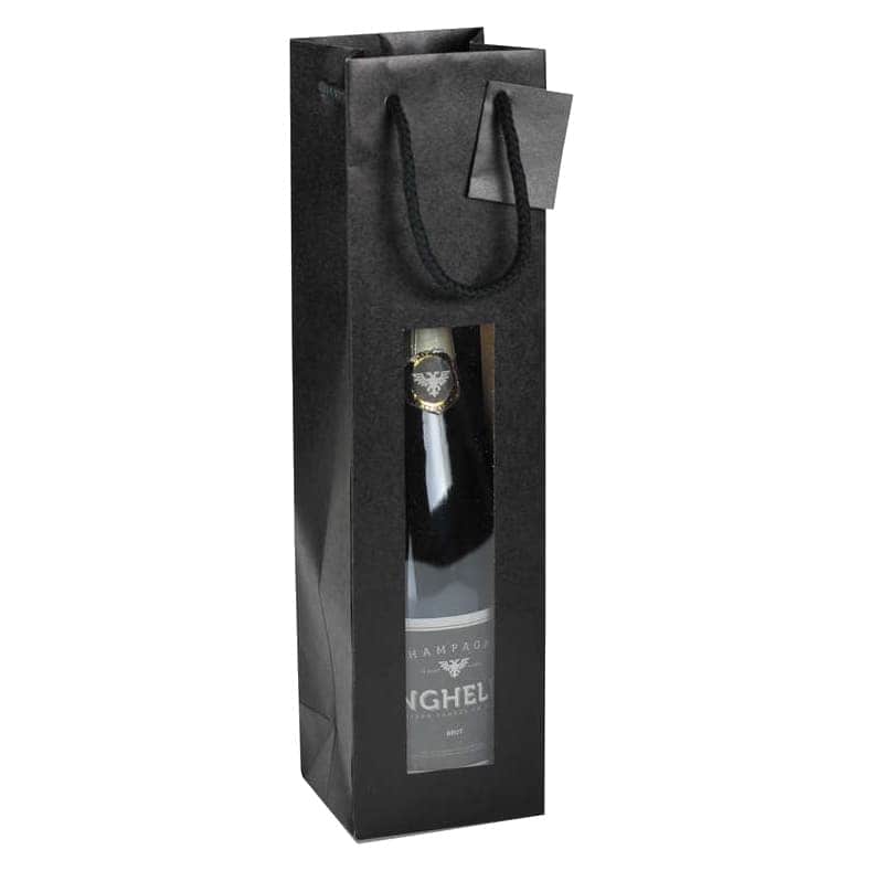 Brieger Flaschentüte mit Fenster matt schwarz – 90 × 380 × 100 mm – für 1 Flasche