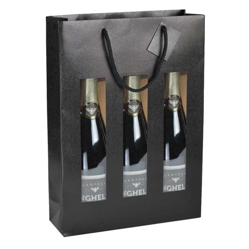 Brieger Geschenktasche mit Fenster, schwarz matt – 90 × 380 × 270 mm – 175 g/m² – für 3 Flaschen