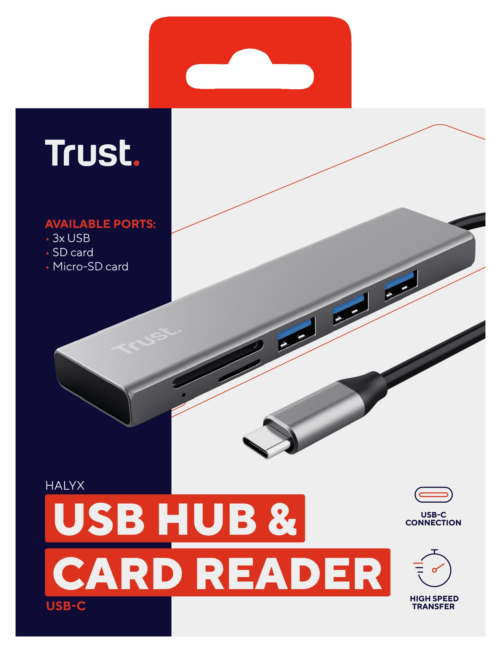 Trust Halyx Fast USB-Hub – USB-C, 3× USB-A, SD/microSD, für Windows/Mac/ChromeOS