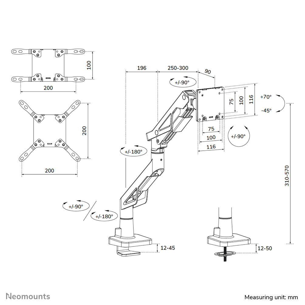 Neomounts DS70-256BL1 – Monitorarm – bis 57", 30 kg, Gasfeder, Präzisionsneigung, 180°-Stopp, schwarz