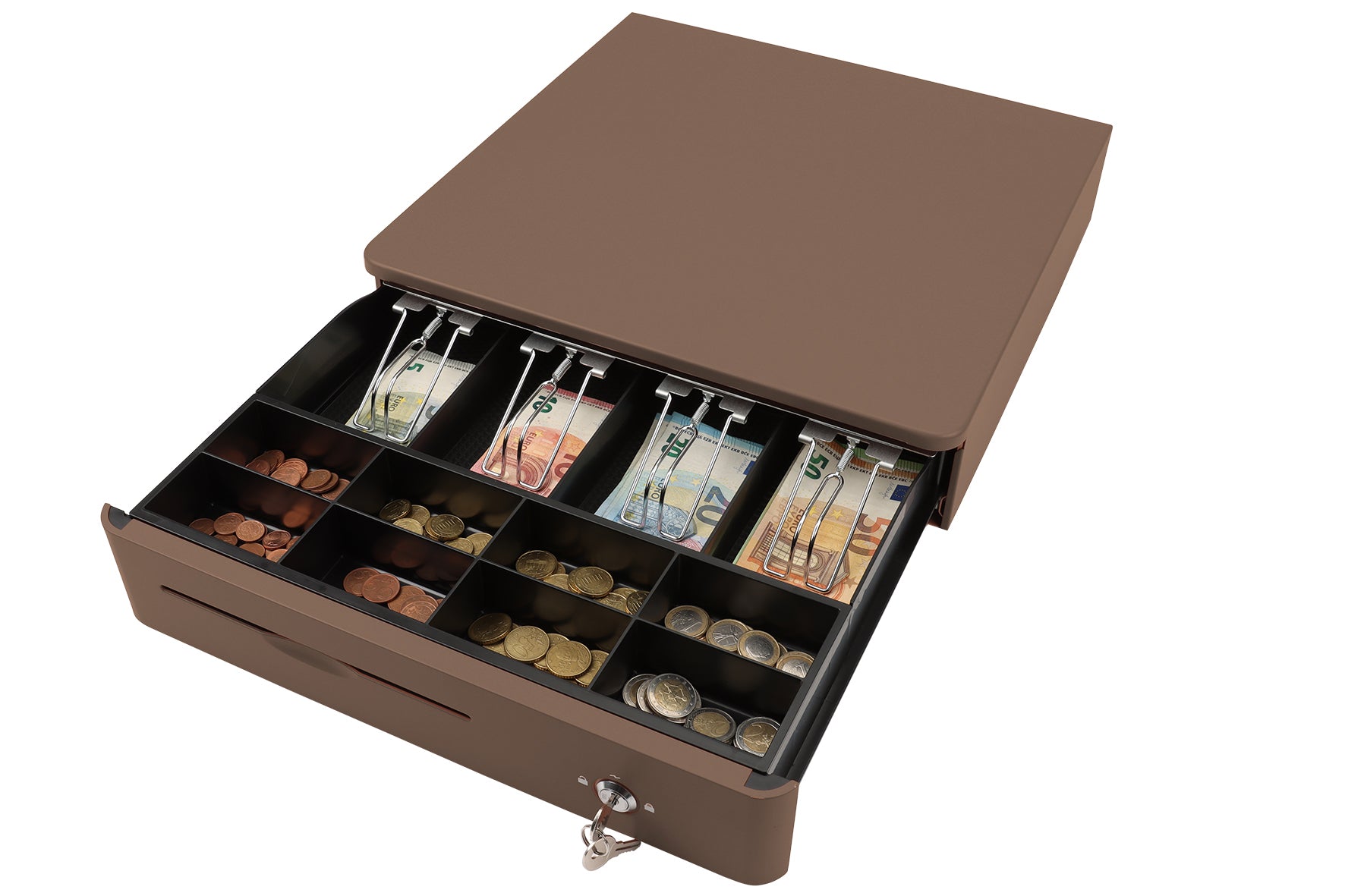 Olympia MD 405 – Kassenschublade, 4 Scheine/8 Münzen, RJ‑11/RJ‑12, 405 × 400 × 102 mm, Braun