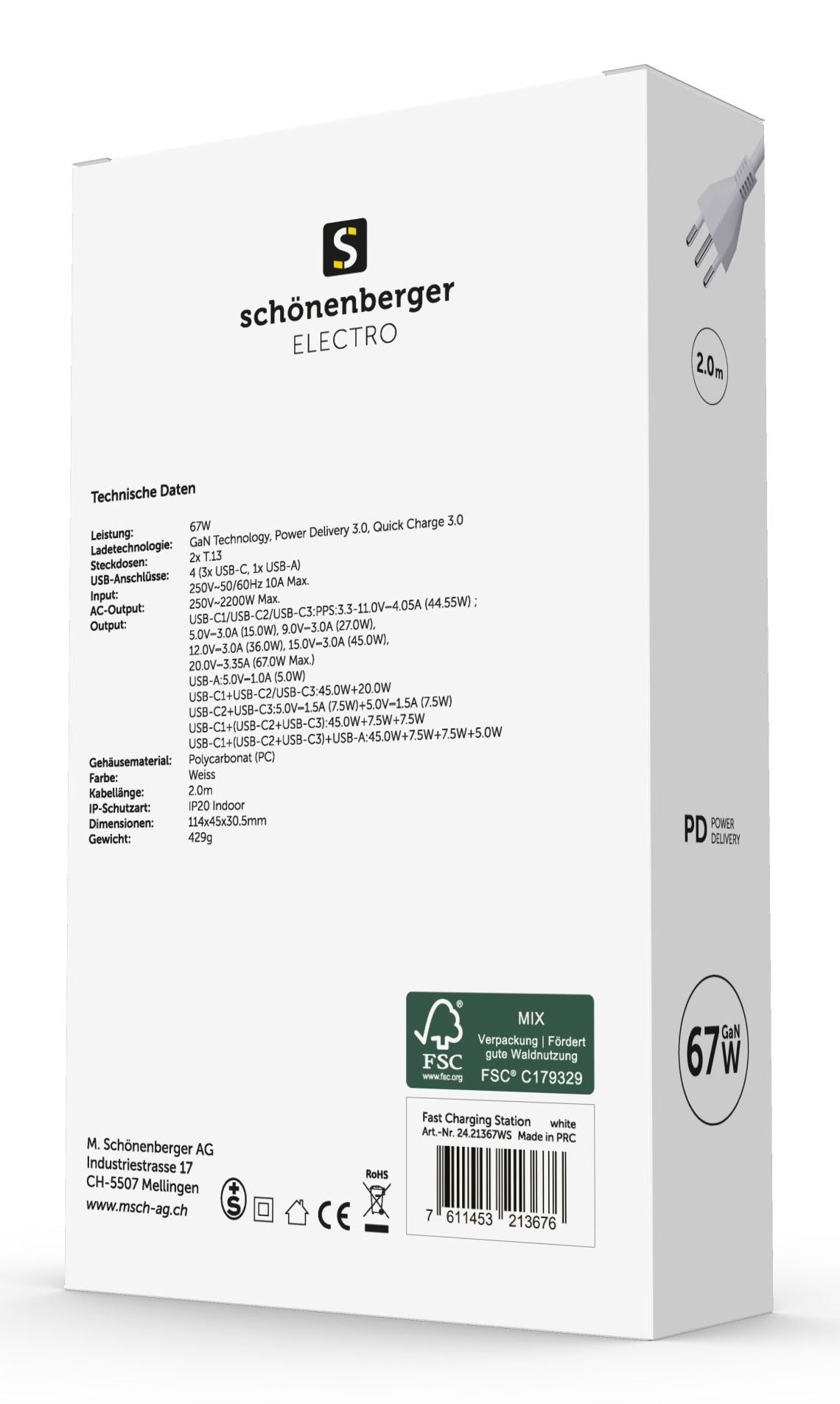 M. Schönenberger 24.21367WS USB-Desktop-Ladegerät 2300 W – USB-C×3, Micro-USB×1 – PD 3.0, QC 3.0, GaN – Weiss