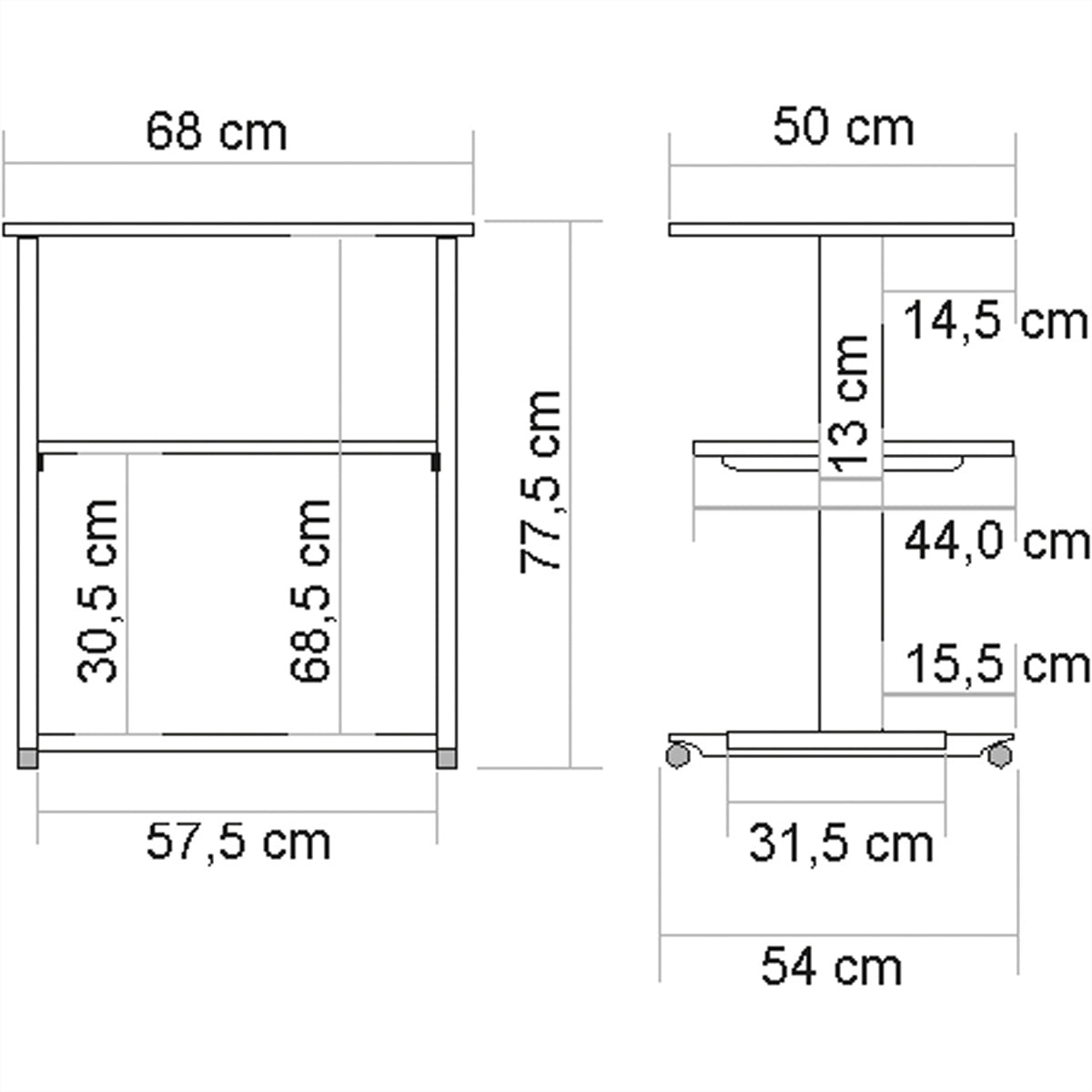 ROLINE Laptop-/Gerätewagen, 68 × 50 cm, 30 kg, lichtgrau/weiss, 4 Rollen (2 feststellbar)