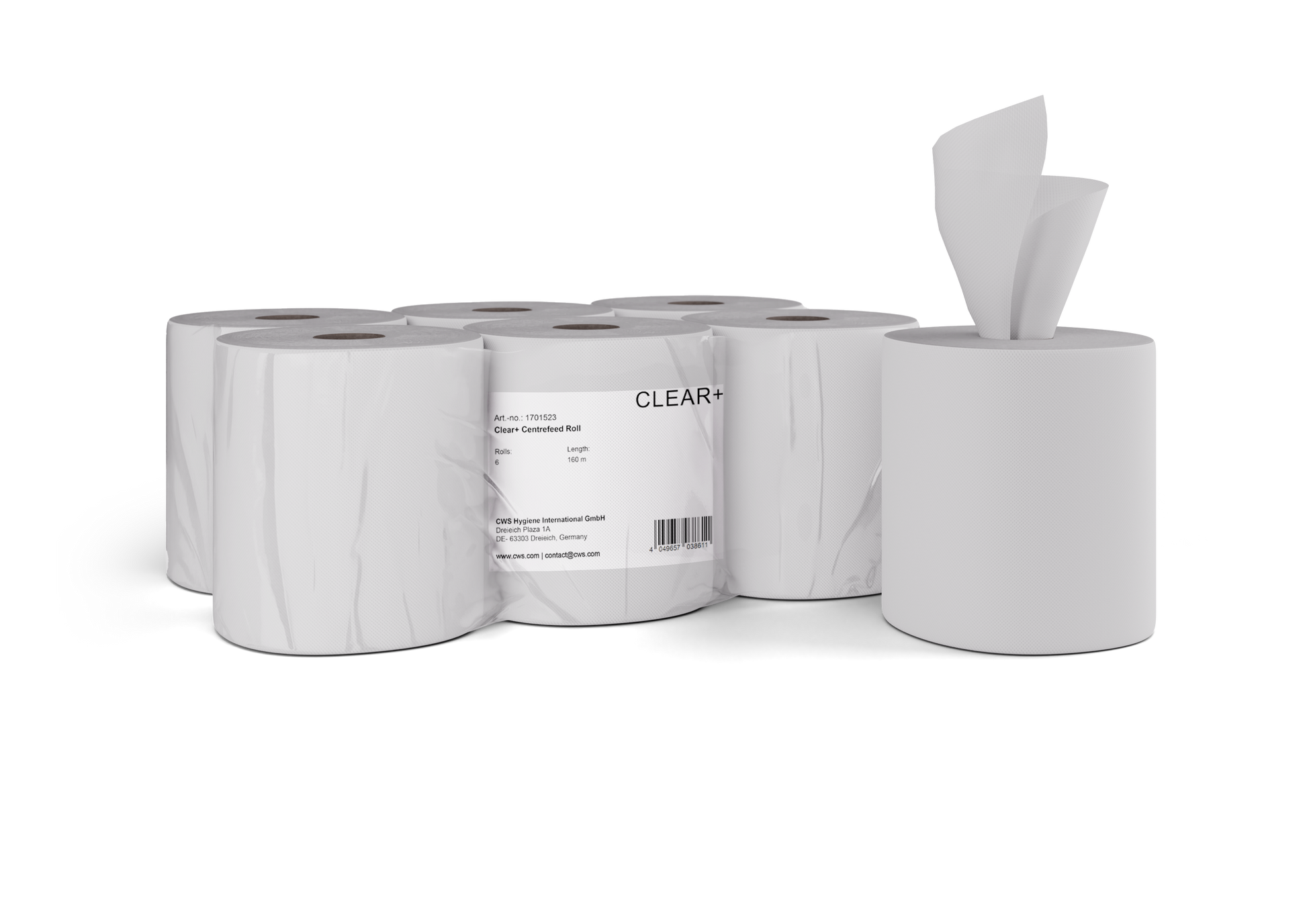 Clear+ Handtuchrolle – 2-lagig, weiss, Zellstoff – 160 m – Pack 6 Rollen – EU Ecolabel