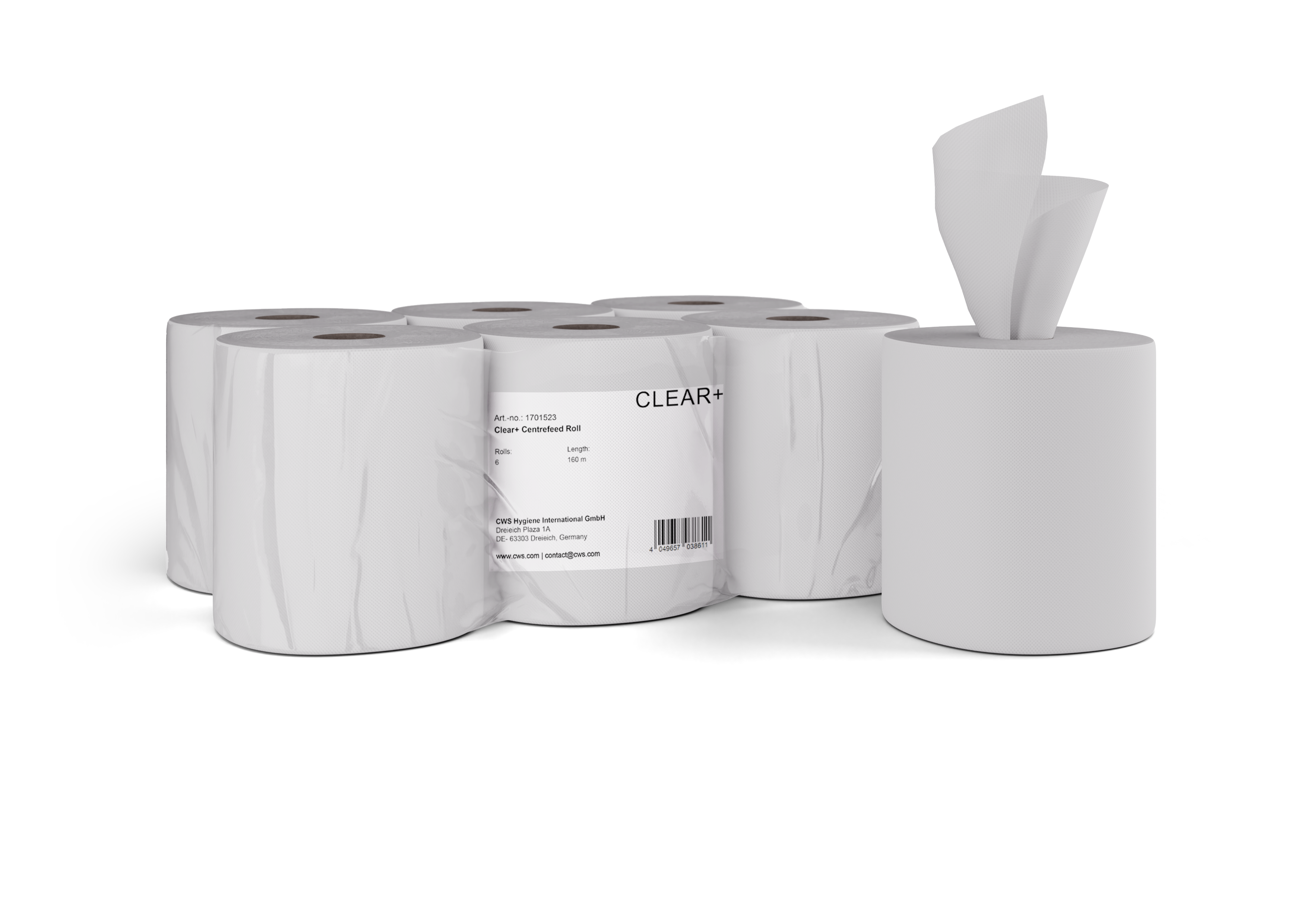 Clear+ Handtuchrolle – 2-lagig, weiss, Zellstoff – 160 m – Pack 6 Rollen – EU Ecolabel