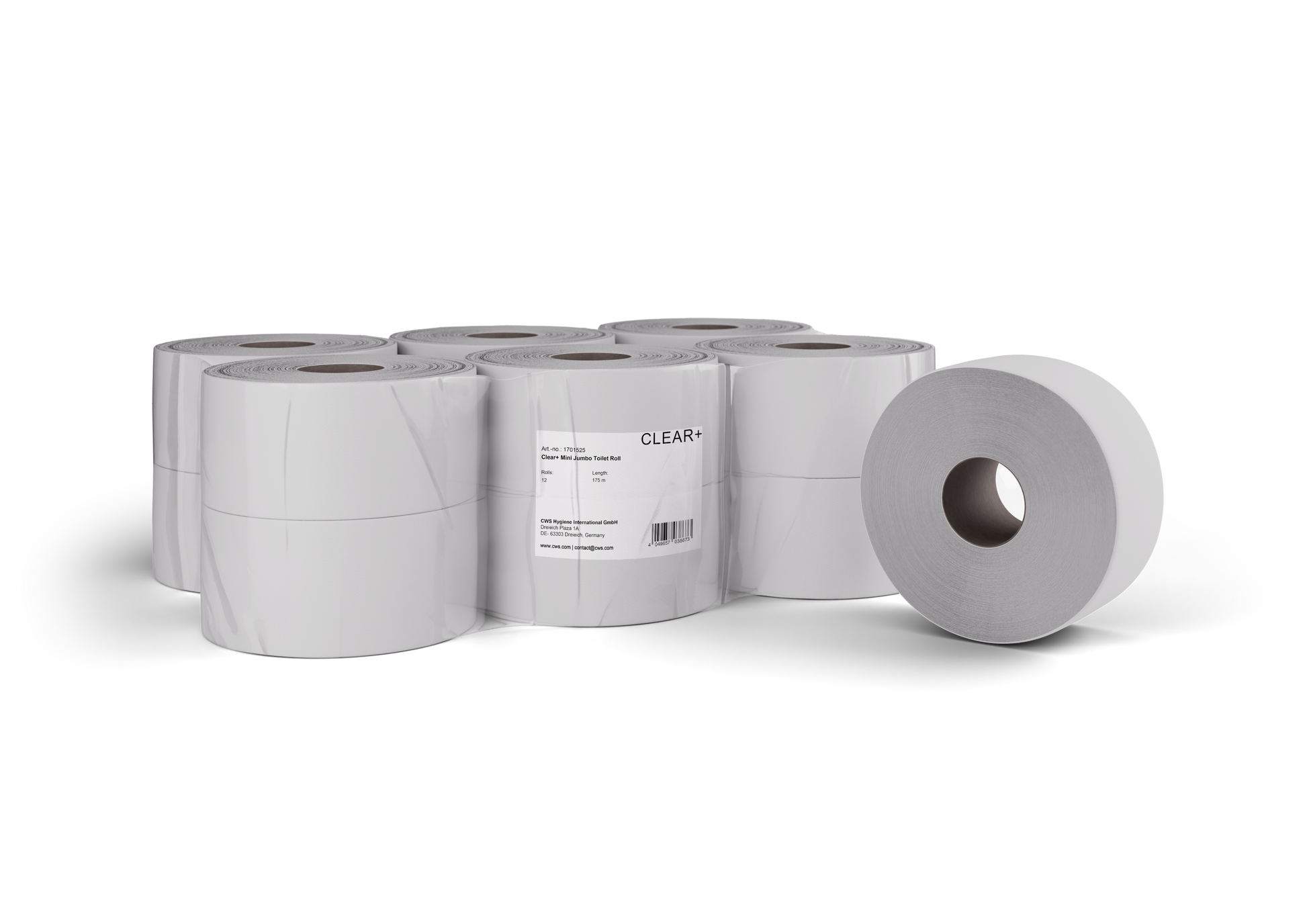 Clear+ Toilettenpapier Mini Jumbo – 2-lagig, Zellstoff, Rollenlänge 175 m – 12 Rollen