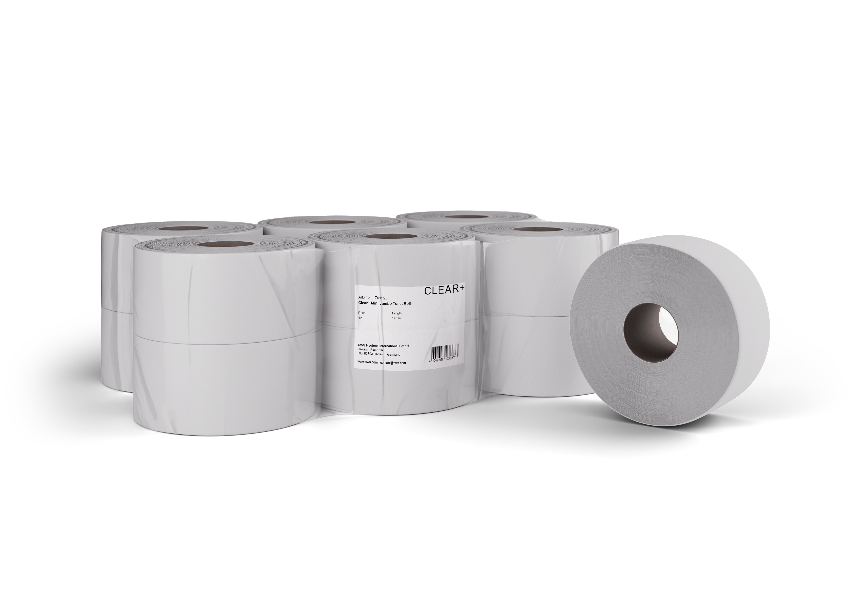 Clear+ Toilettenpapier Mini Jumbo – 2-lagig, Zellstoff, Rollenlänge 175 m – 12 Rollen