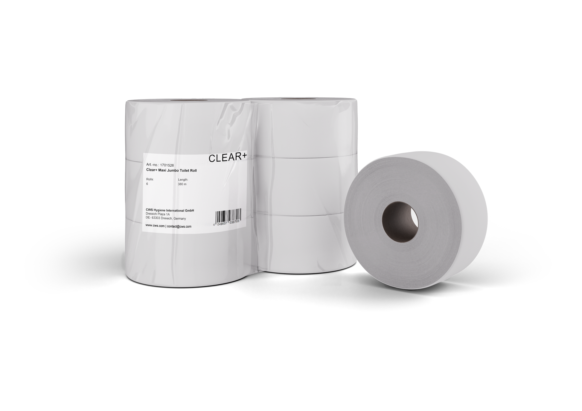 Clear+ Toilettenpapier Jumbo – 2-lagig, Zellstoff, Rollenlänge 380 m – 6 Rollen