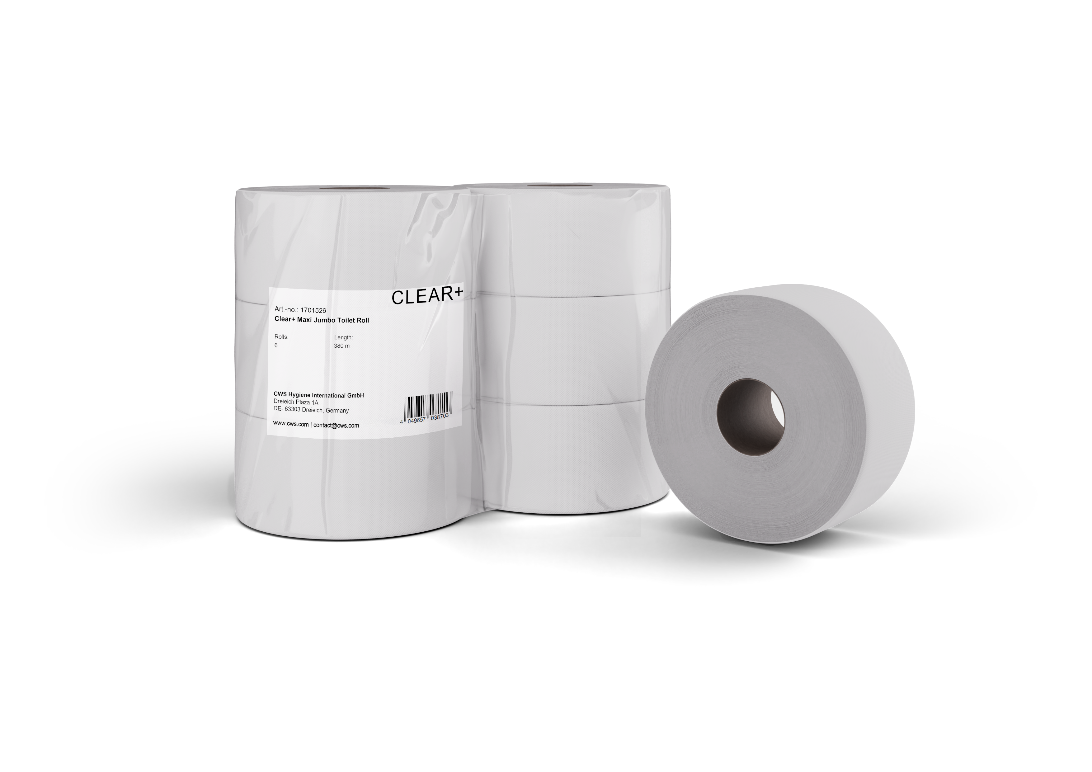 Clear+ Toilettenpapier Jumbo – 2-lagig, Zellstoff, Rollenlänge 380 m – 6 Rollen