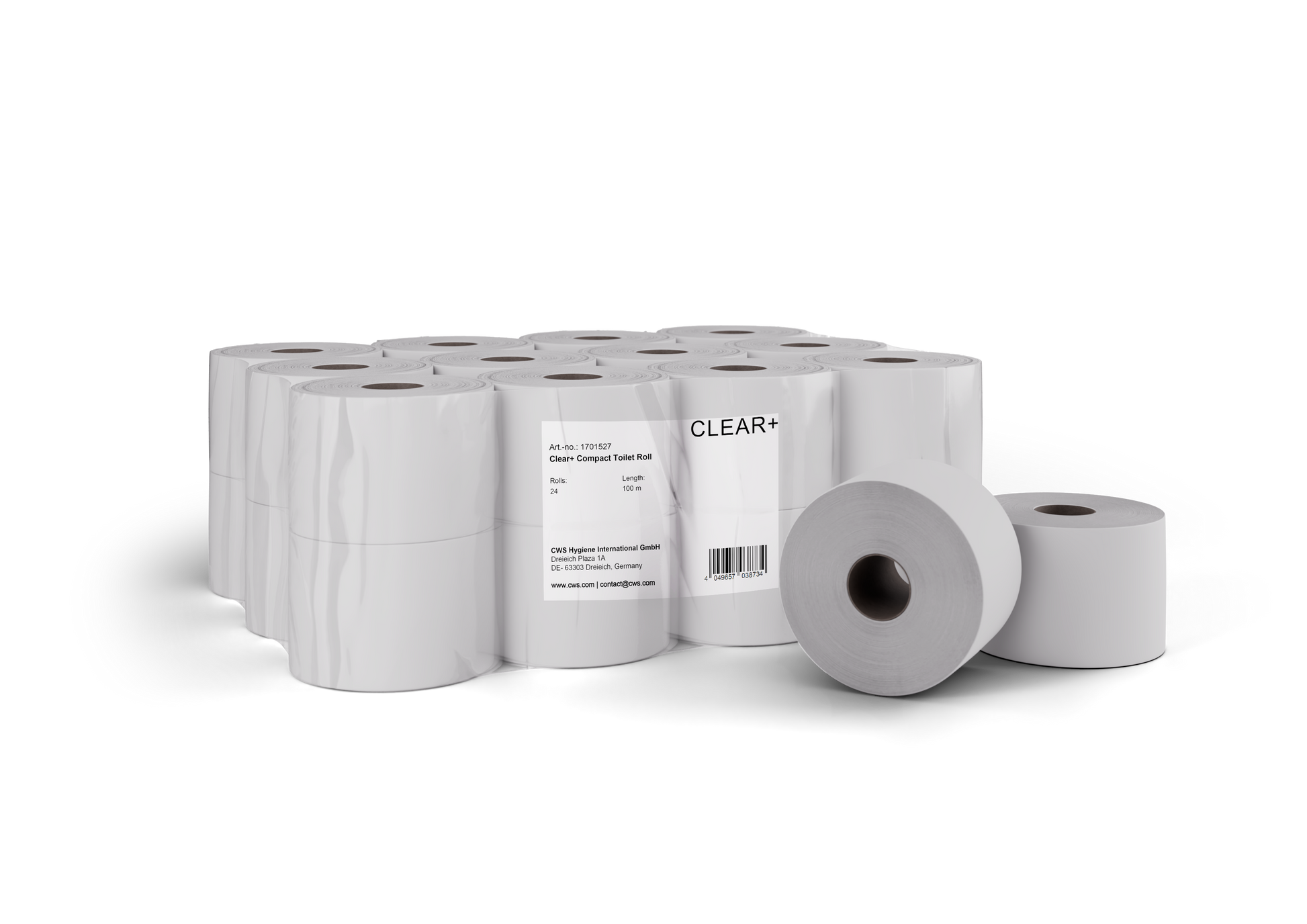 Clear+ Toilettenpapier Kompakt-Rollen – 2-lagig, Zellstoff, Rollenlänge 100 m – 24 Rollen