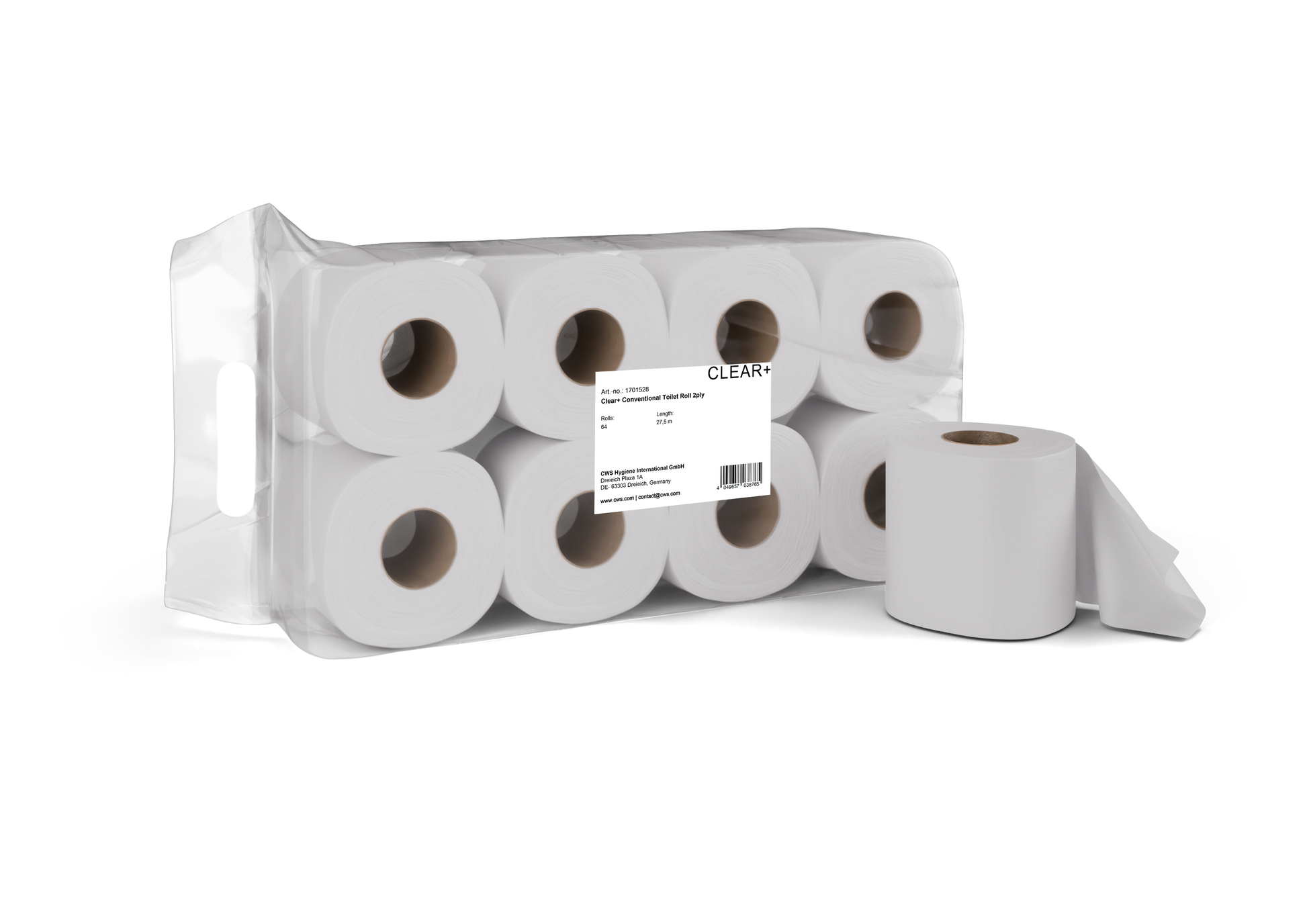 Clear+ Toilettenpapier – 2-lagig, Zellstoff, Rollenlänge 27,5 m – 64 Rollen