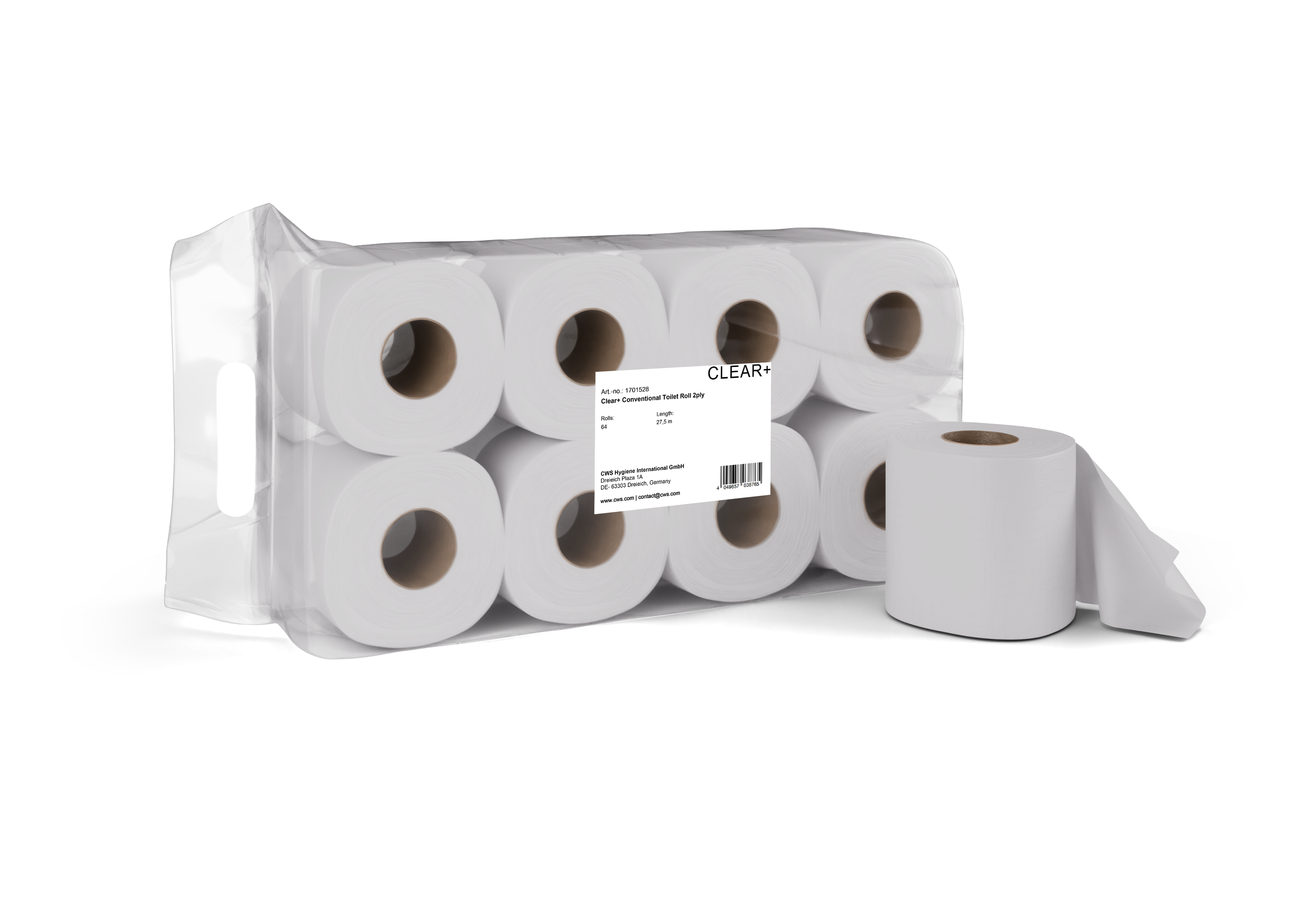 Clear+ Toilettenpapier – 2-lagig, Zellstoff, Rollenlänge 27,5 m – 64 Rollen