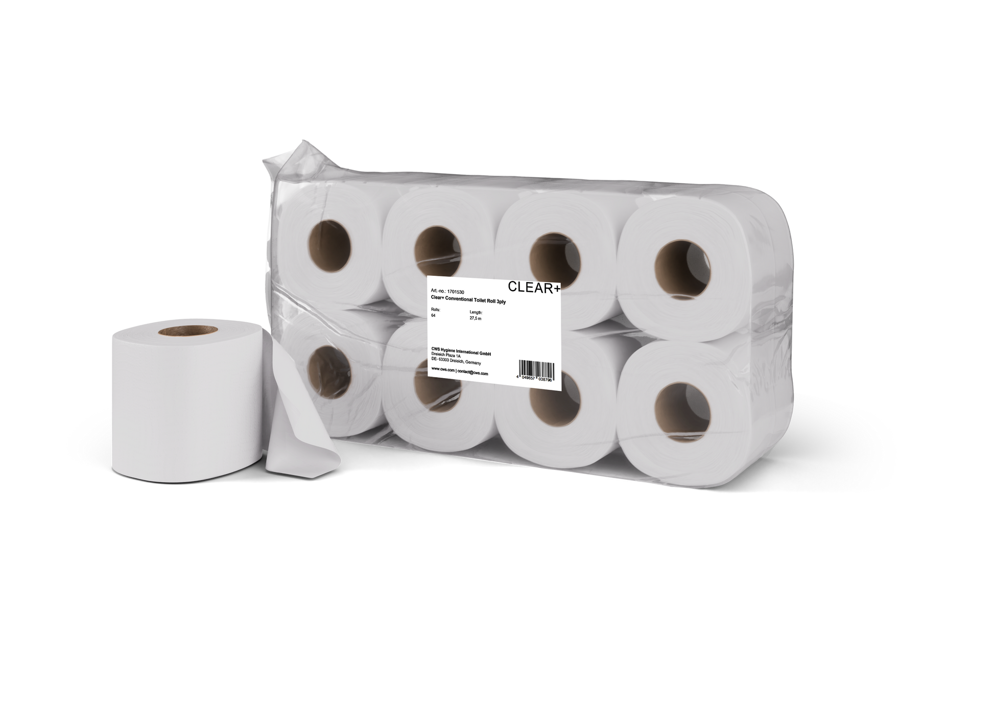 Clear+ Toilettenpapier – 3-lagig, Zellstoff, Rollenlänge 27,5 m – 64 Rollen