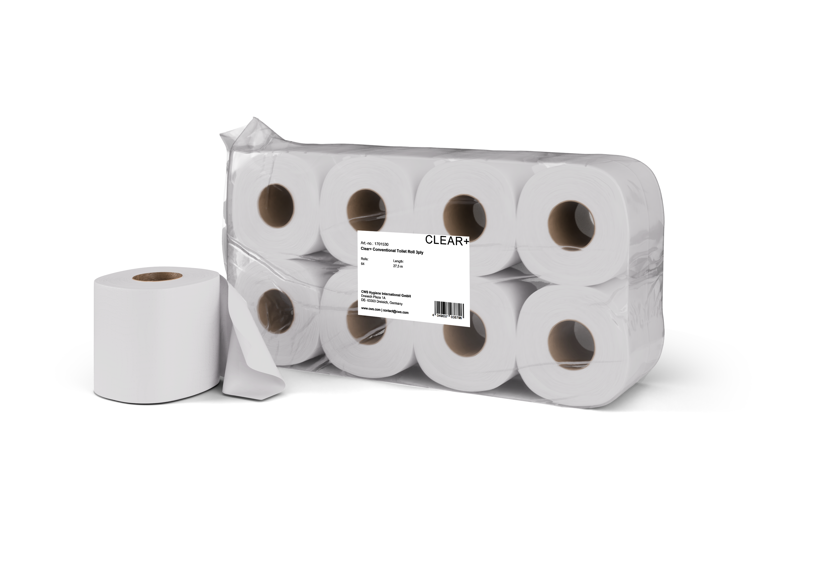 Clear+ Toilettenpapier – 3-lagig, Zellstoff, Rollenlänge 27,5 m – 64 Rollen