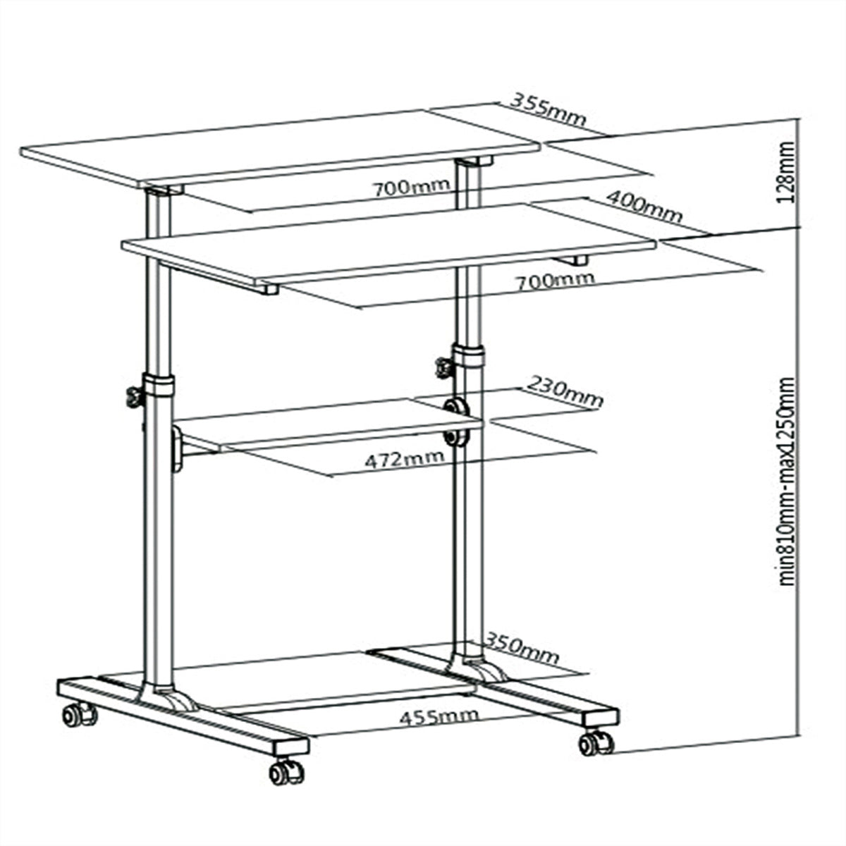 ROLINE Höhenverstellbarer Tisch, 70 × 35,5 cm, 81–125 cm, 60 kg, Lichtgrau/Schwarz, Kunststoff/Stahl, 4 Rollen