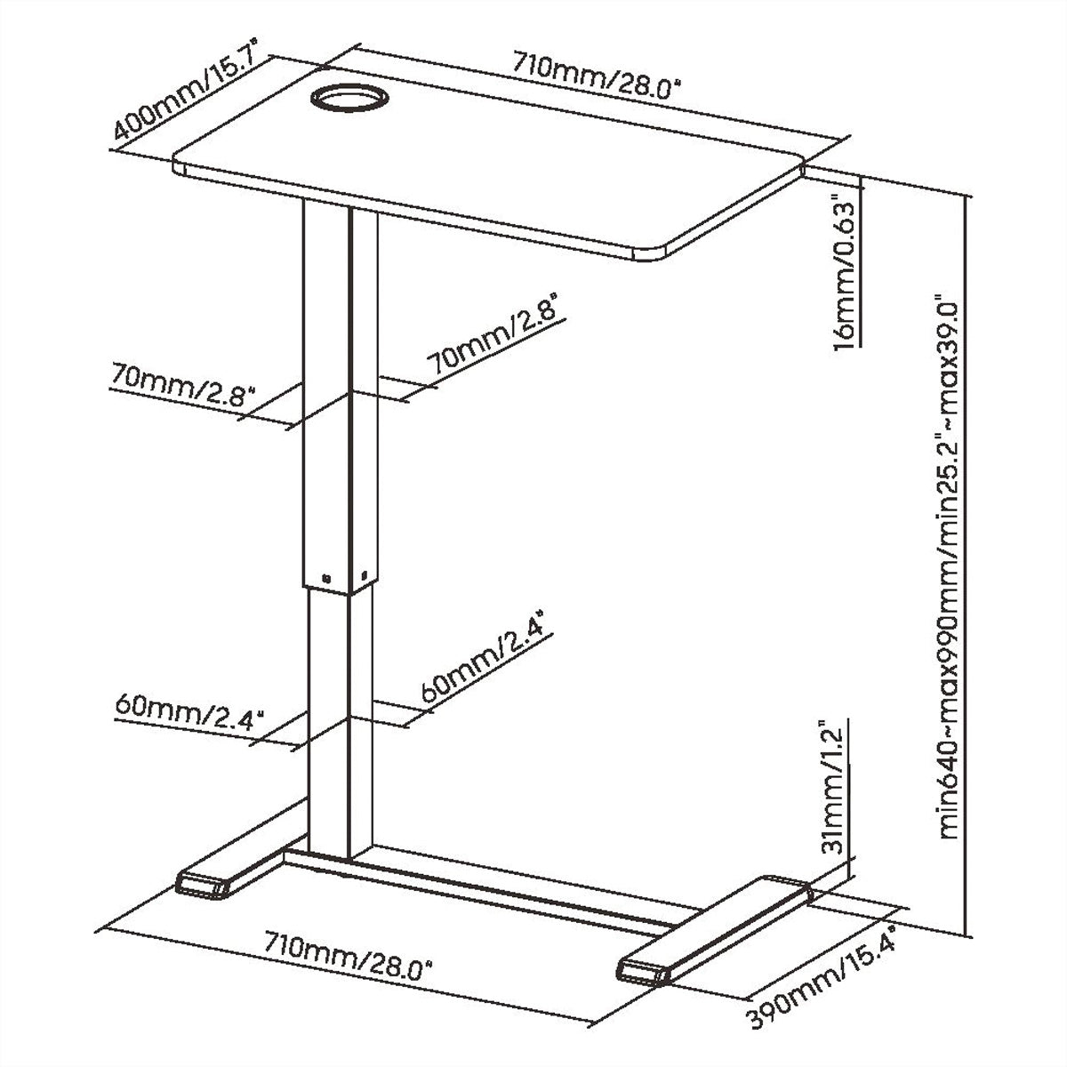 ROLINE Höhenverstellbarer Tisch, 70 × 40 cm, Gasfeder, 64–99 cm, 7 kg, Weiss