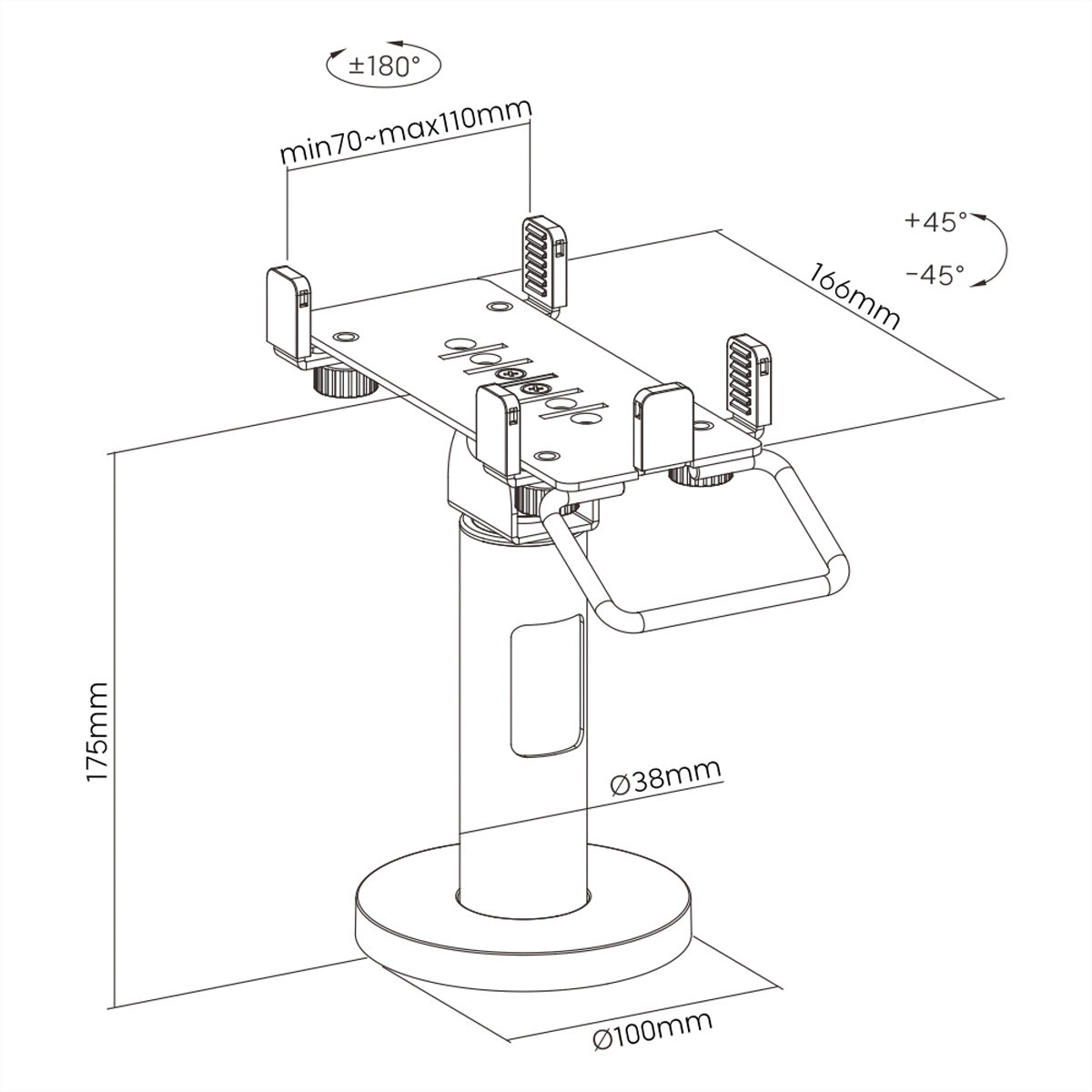 ROLINE POS-Halterung, Schraubbefestigung, 360°/±45°, für Geräte 70–110 mm Breite, bis 166 mm Länge, Schwarz