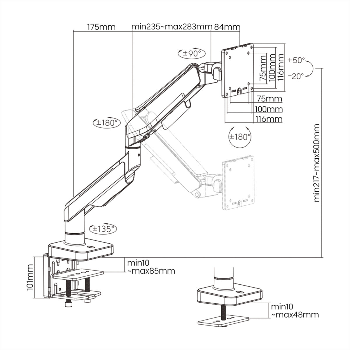 ROLINE Monitorarm Tischhalterung – Klemme/Durchführung – 1 Monitor – 17–49" – VESA 75×75/100×100 mm