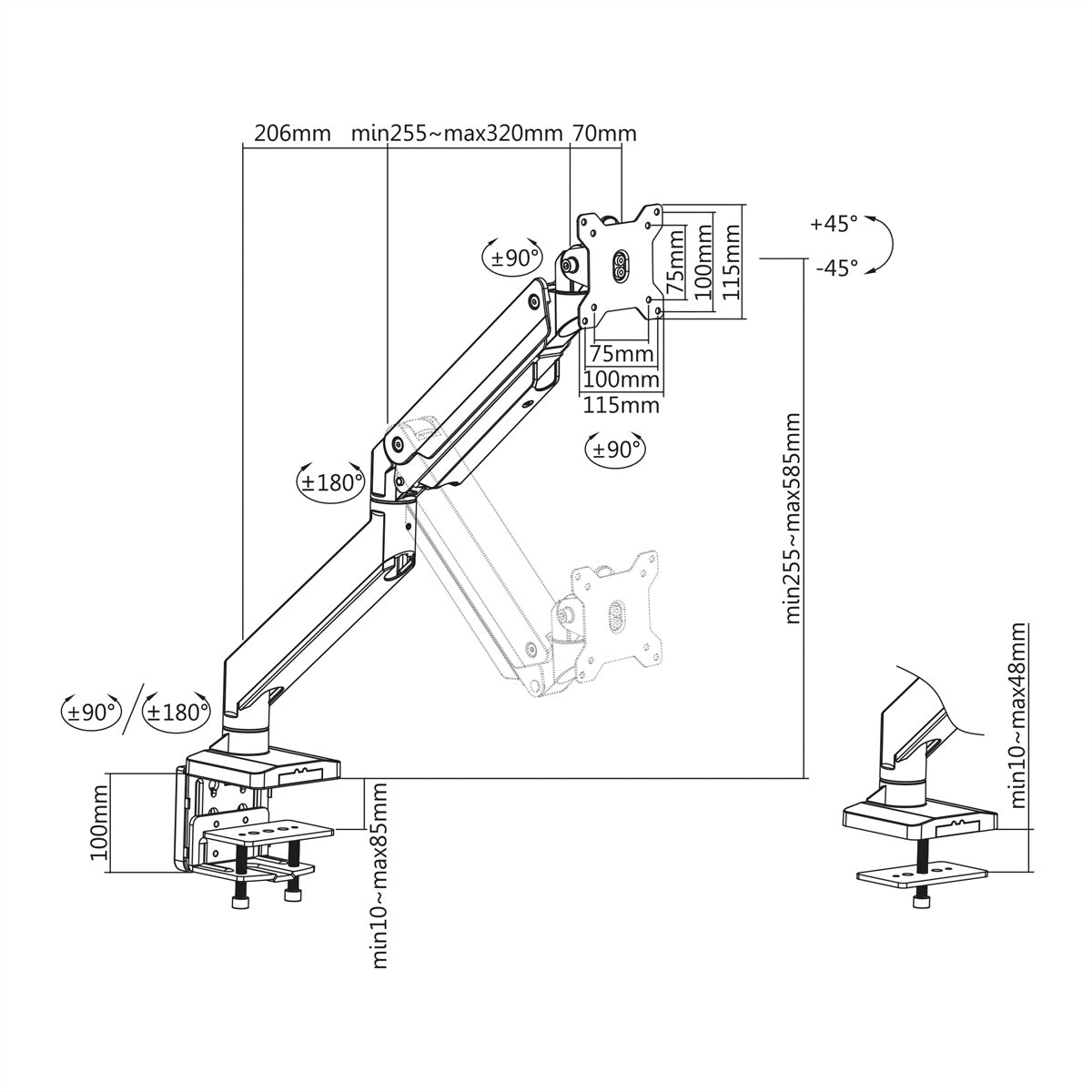ROLINE Monitorarm Tischhalterung – 1 Monitor – 17–49" – VESA 75×75/100×100 mm – bis 18 kg/Monitor – Gasfeder