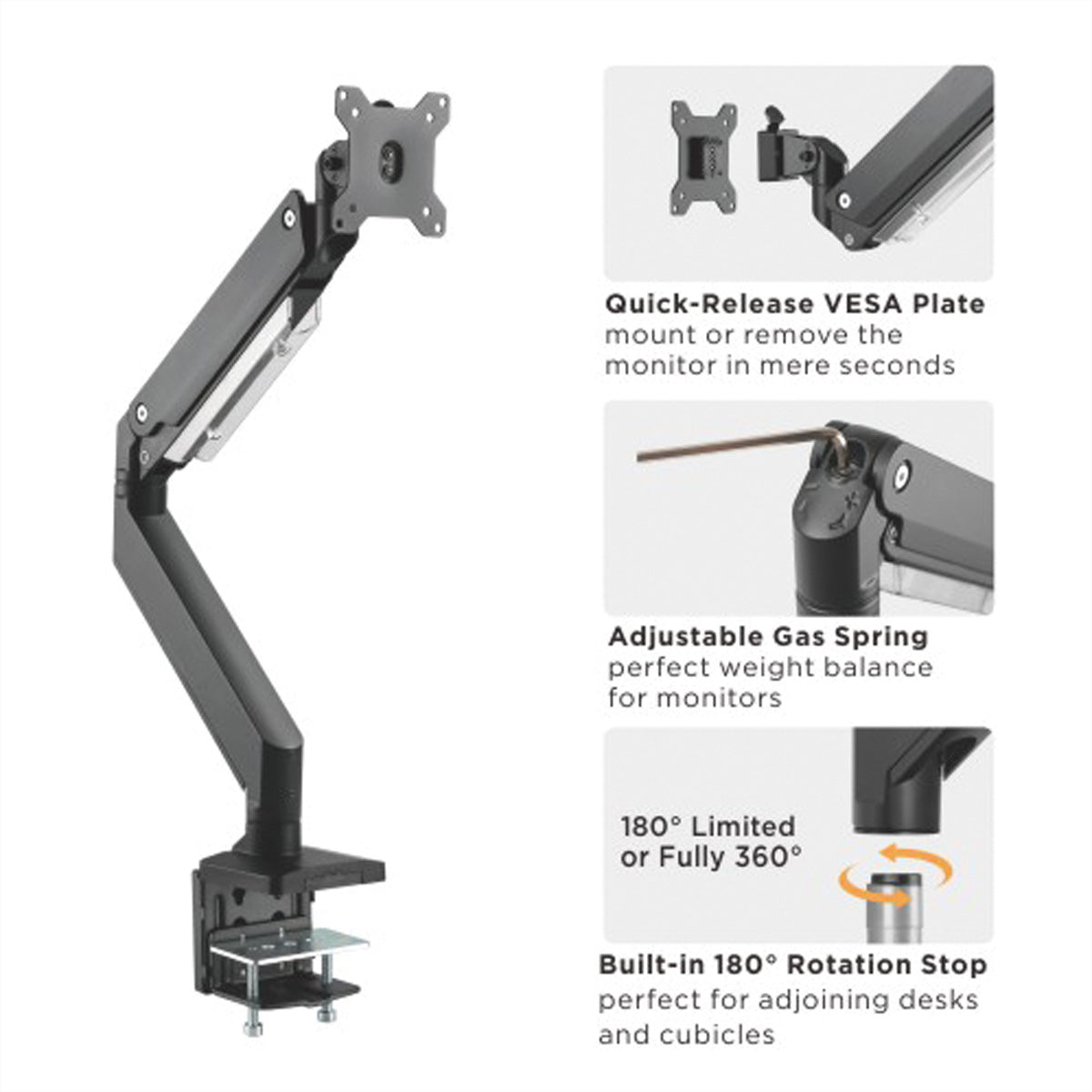 ROLINE Monitorarm Tischhalterung – 1 Monitor – 17–49" – VESA 75×75/100×100 mm – bis 18 kg/Monitor – Gasfeder
