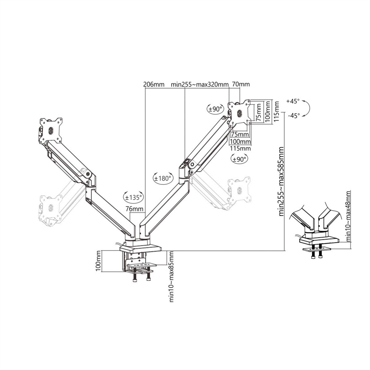 ROLINE LCD-Doppelarm – Monitorarm Tischhalterung – Klemme/Durchführung – 2 Monitore – bis 35" – VESA 75×75/100