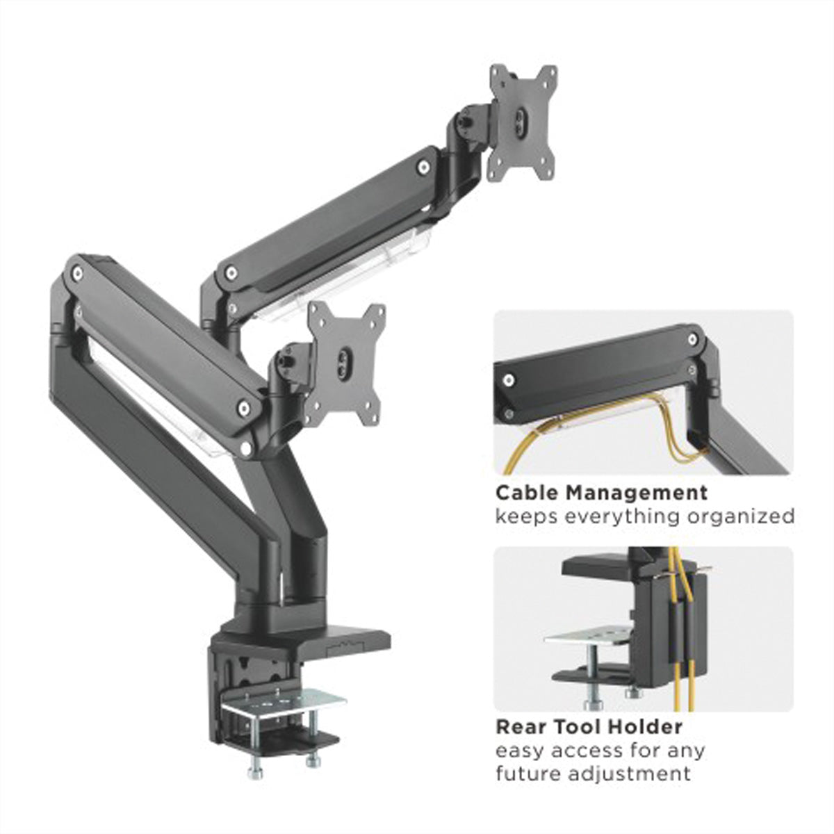 ROLINE LCD-Doppelarm – Monitorarm Tischhalterung – Klemme/Durchführung – 2 Monitore – bis 35" – VESA 75×75/100