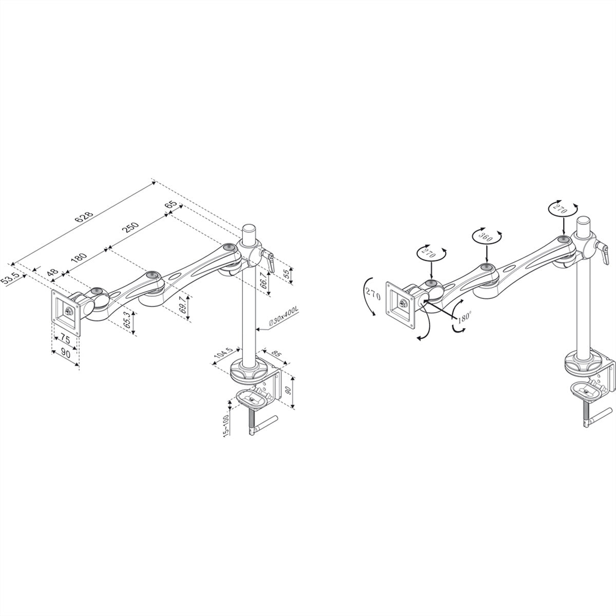 ROLINE Monitorarm Tischhalterung – Klemme/Durchführung – 1 Monitor – bis 32" – VESA 75×75/100×100 mm