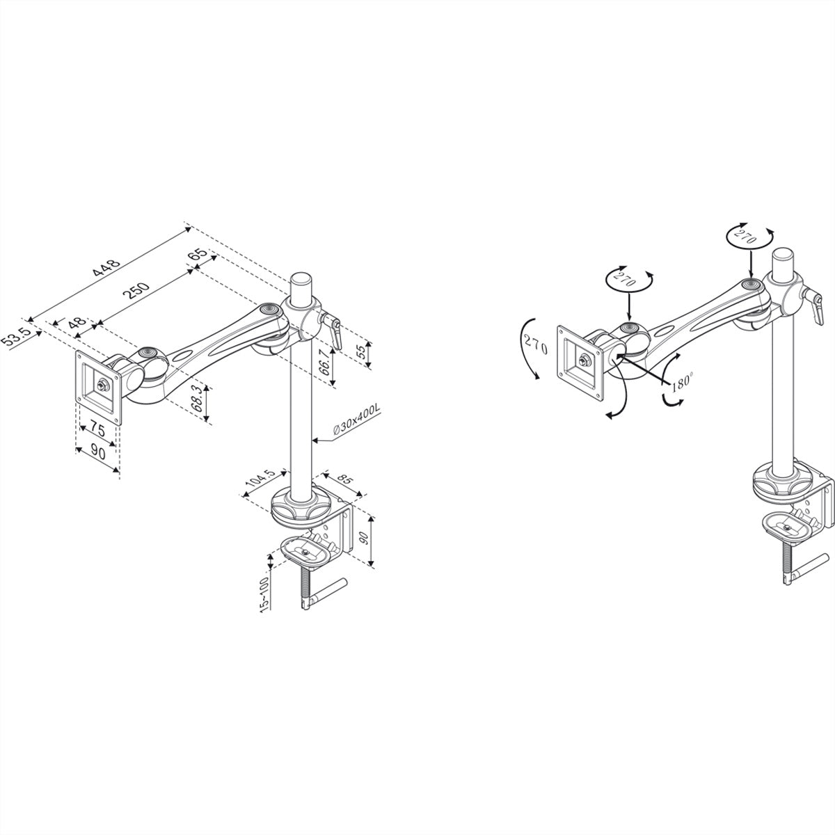 ROLINE Monitorarm Tischhalterung – Klemme/Durchführung – 1 Monitor – VESA 75×75/100×100 mm