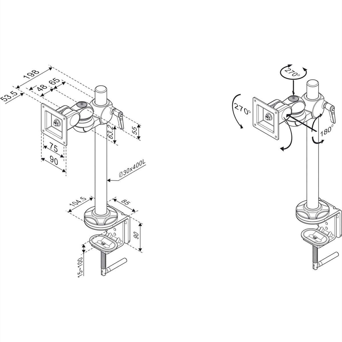 ROLINE Monitorarm Tischhalterung – 1 Monitor – VESA 75×75/100×100 mm – bis 12 kg/Monitor – höhenverstellbar