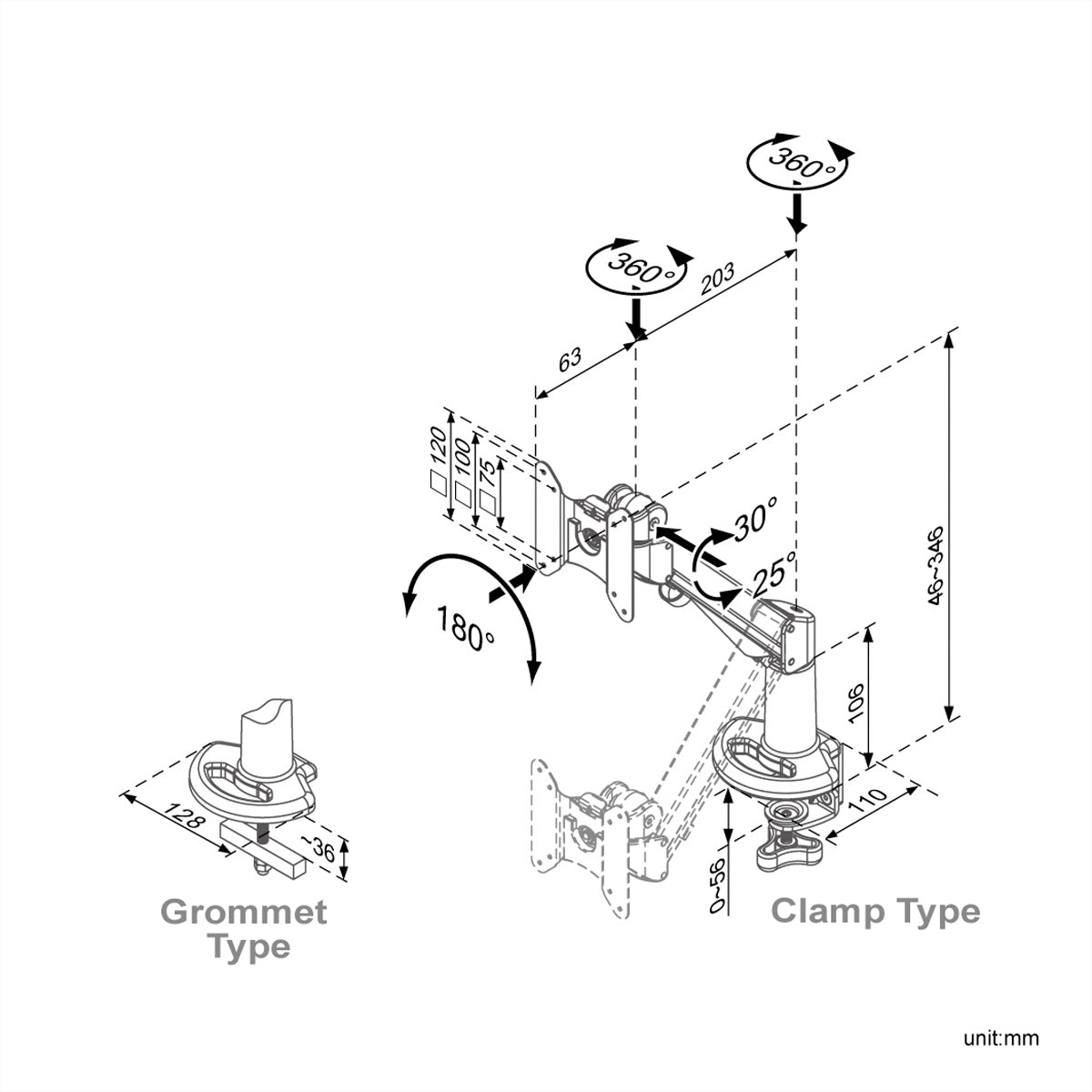 ROLINE Monitorarm Tischhalterung – Klemme/Durchführung – VESA 75×75/100×100 mm – bis 8 kg/Monitor