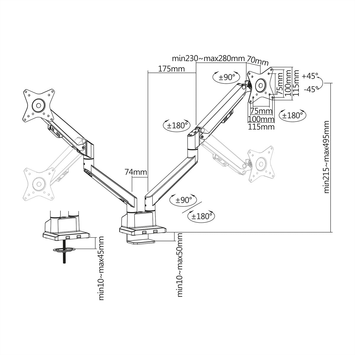 ROLINE LCD-Doppelarm – Monitorarm Tischhalterung – Klemme/Durchführung – 2 Monitore – 17–32"
