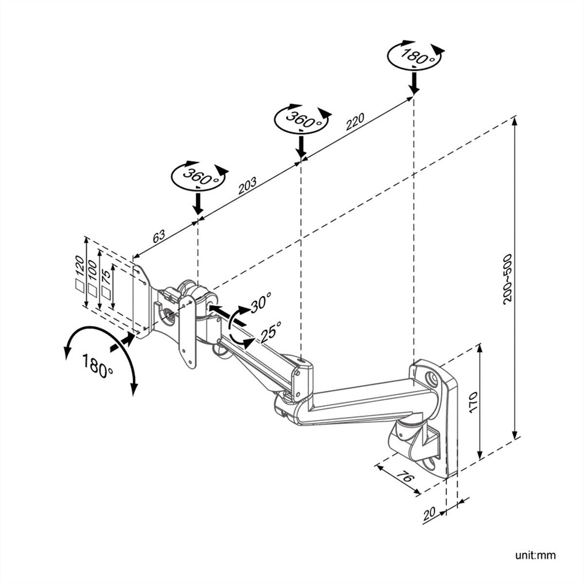 ROLINE Monitor-Wandhalterung – 1 Monitor – bis 32" – VESA 75×75/100×100 mm – bis 8 kg/Monitor – Gasfeder