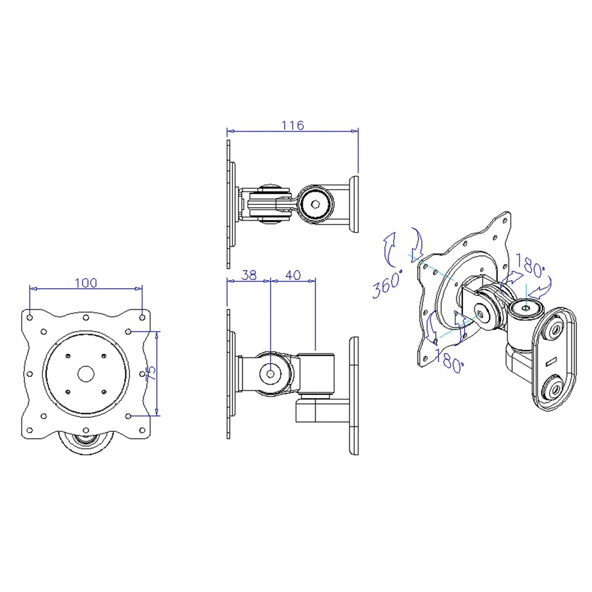 ROLINE Monitor-Wandhalterung – 1 Monitor – VESA 75×75/100×100 mm – bis 10 kg/Monitor – 3 Gelenke, schwenkbar