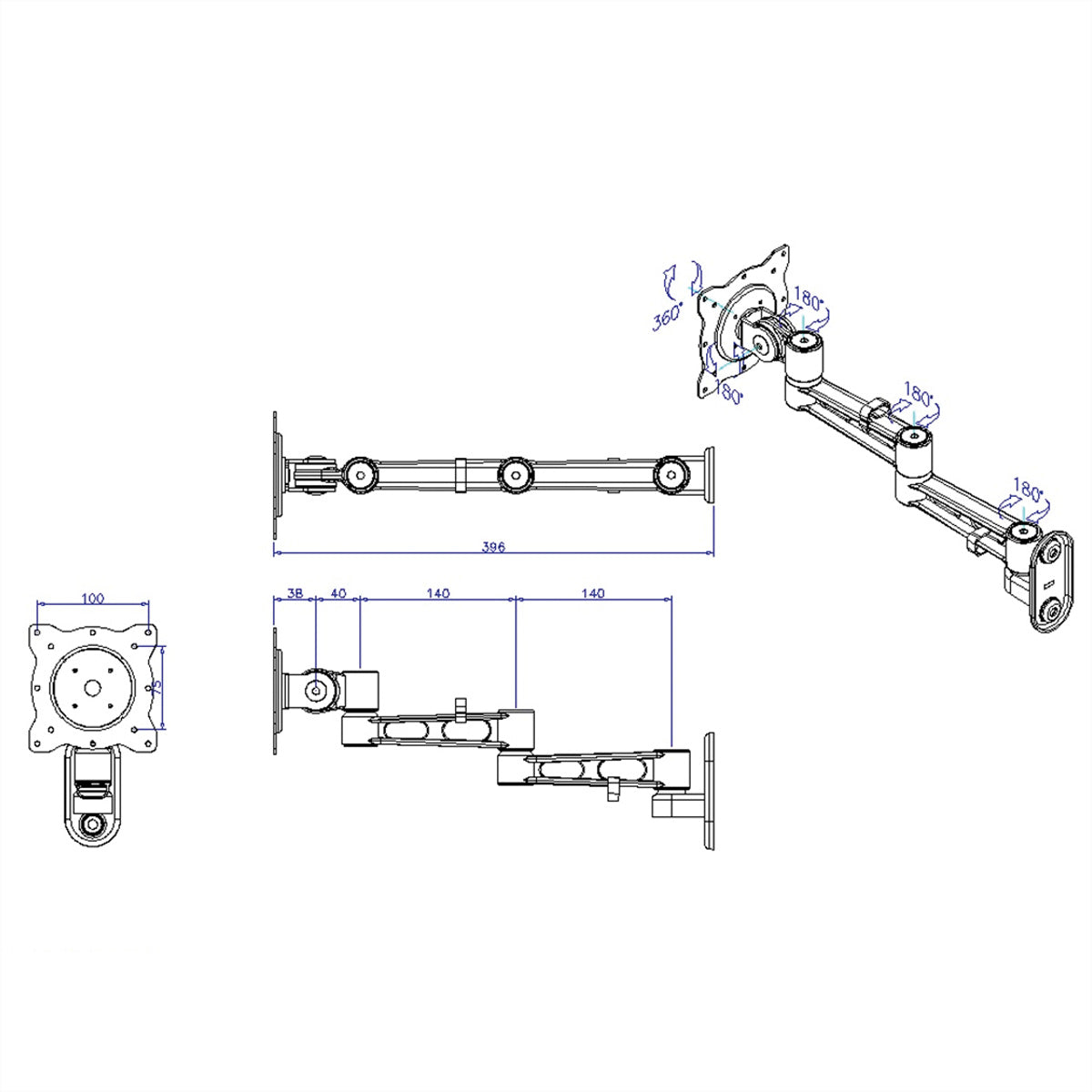 ROLINE Monitor-Wandhalterung – VESA 75×75/100×100 mm – bis 10 kg/Monitor – für VESA 75×75/100×100