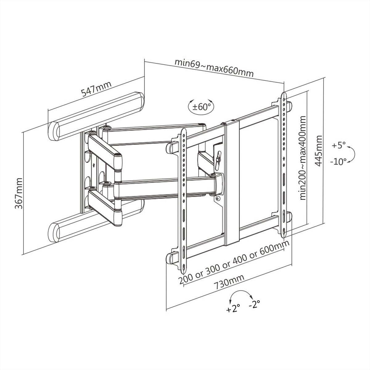 ROLINE Wandhalterung – Vollbeweglich – 37–80" – VESA 200×200–600×400 – bis 70 kg, Höhenverstellbar – Schwarz