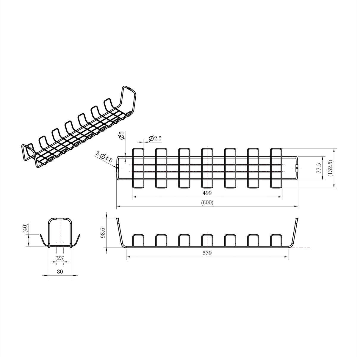 ROLINE Untertisch-Kabelwanne – 600 × 132 × 99 mm – Schwarz, Untertischmontage, 2 Stk.