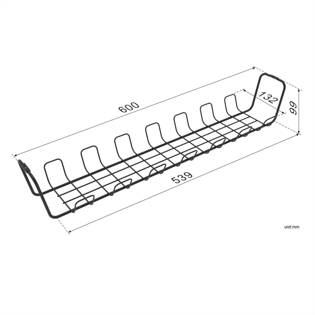 ROLINE Untertisch-Kabelwanne – 600 × 132 × 99 mm – Schwarz, Untertischmontage, 2 Stk.