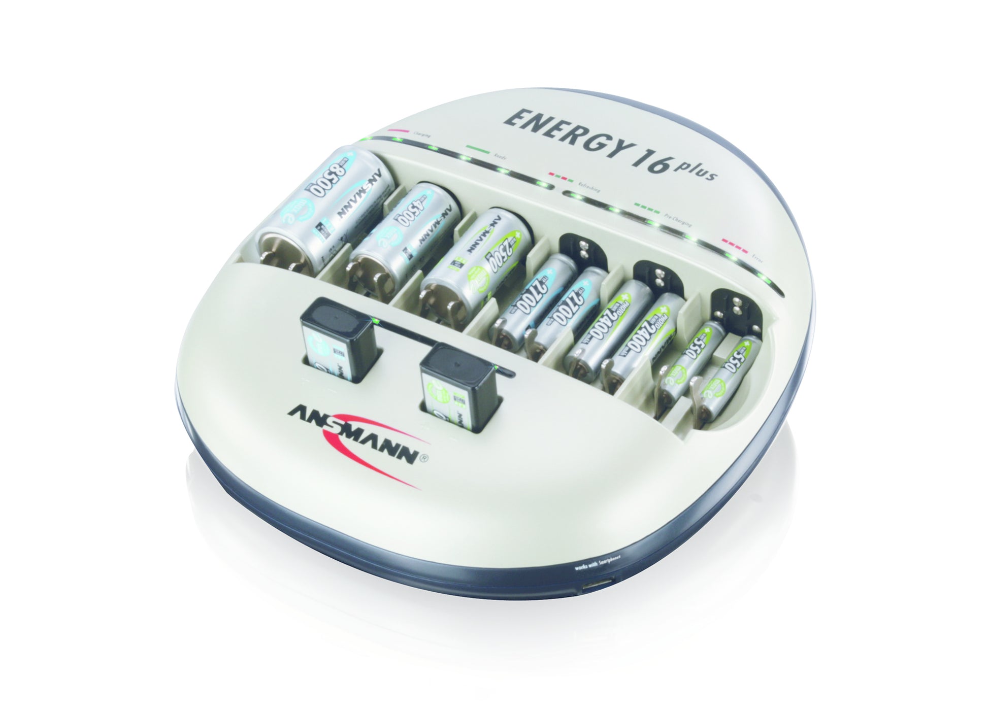 Ansmann Energy 16+ Ladegerät – 2× USB, Batterietest – für 9V, AA, AAA und andere