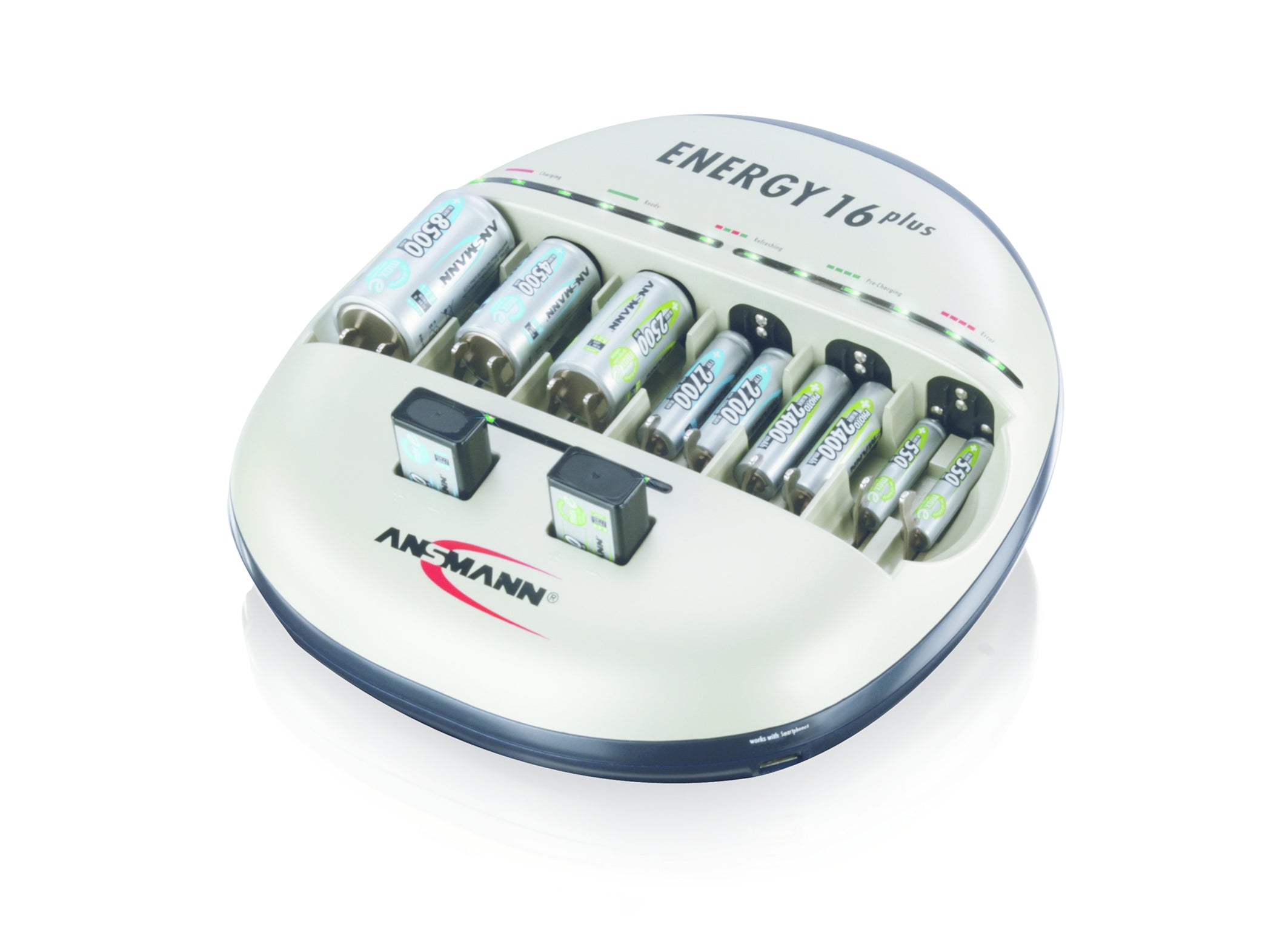 Ansmann Energy 16+ Ladegerät – 2× USB, Batterietest – für 9V, AA, AAA und andere