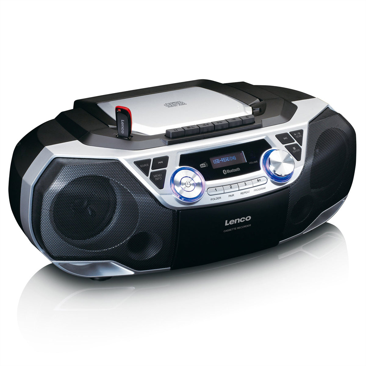 Lenco SCD-720 – CD-Boombox, DAB+/UKW, Kassette, Bluetooth, USB – Schwarz/Silber