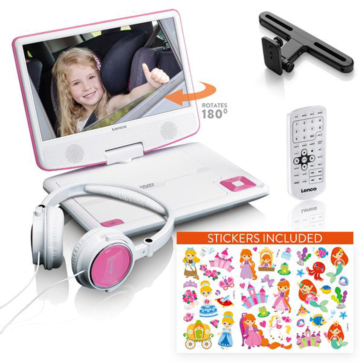 Lenco DVP-920 – 9" Tragbarer DVD-Player, USB, CD/MP3, 90 min Akku – Pink