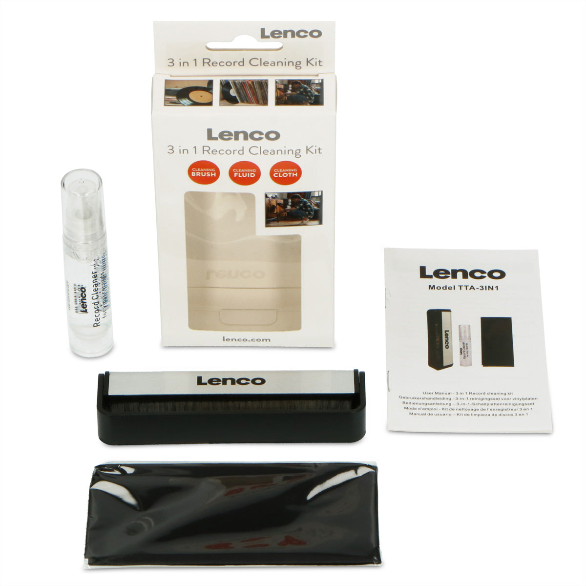 Lenco TTA-3IN1 – Schallplatten-Reinigungsset – Carbon-Bürste, antistatisch, 10 ml Reinigungsflüssigkeit – mehrfarbig